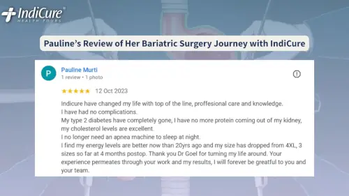 A 5-star patient review from Pauline Murti describing her life-changing experience with affordable bariatric surgery in India and the resolution of her Type 2 diabetes.
